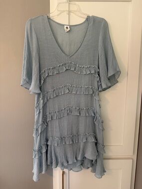 Light Blue Ruffle V-Neck Tunic Dress